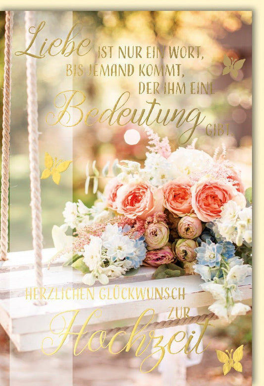 Hochzeitsglückwunschkarte im Vintage - Stil mit floralen Akzenten & Schmetterlingen – Romantische Karte zur Feier der Liebe