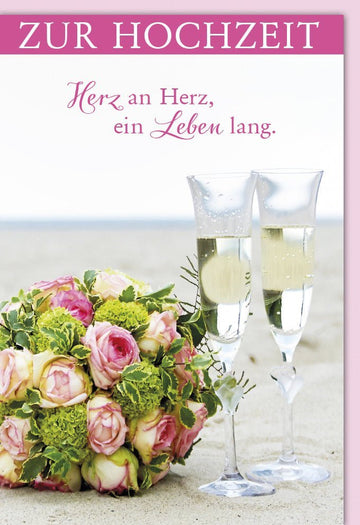 Hochzeitsglückwunschkarte "Romantik am Rosenstrand" – Elegante Karte mit Sektgläser - Motiv zur Hochzeit