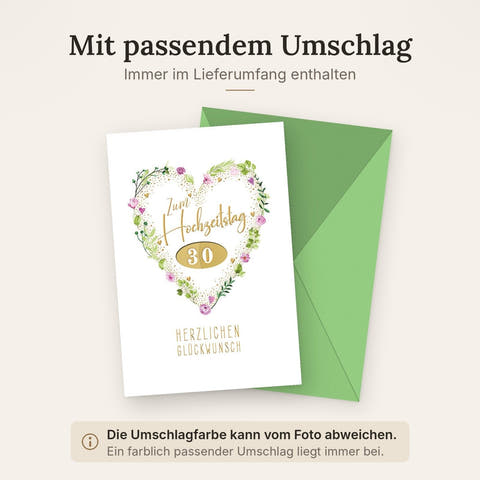 Hochzeitskarte 30 Jahre – Herz aus Blumenranken mit Goldakzenten und Zahlendetail