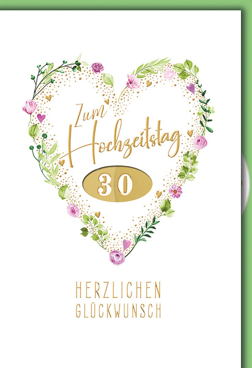 Hochzeitskarte 30 Jahre – Herz aus Blumenranken mit Goldakzenten und Zahlendetail