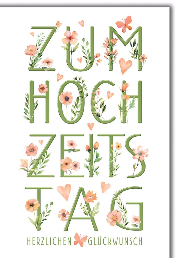 Hochzeitskarte Blumen – Florales Design mit Schmetterlingen und Herzmotiven