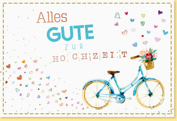 Hochzeitskarte: Bunte Glückwünsche zur Hochzeit mit Fahrrad, Blumen und Herzen auf edlem Papier