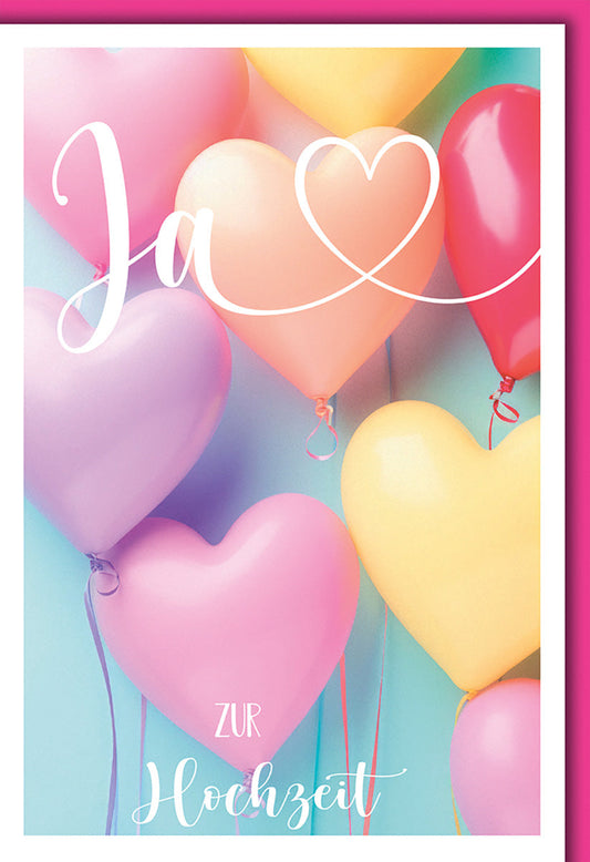 Hochzeitskarte Romantisch – Herzballons in Pastellfarben mit verspieltem Schriftzug