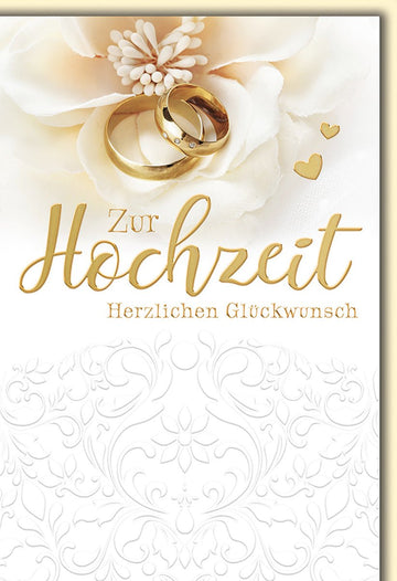Hochzeitskarte Elegant – Goldene Ringe auf Blüten mit filigranem Muster in Cremeweiß