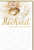 Hochzeitskarte Elegant – Goldene Ringe auf Blüten mit filigranem Muster in Cremeweiß