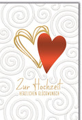 Hochzeitskarte Elegant – Goldene und rote Herzen mit stilvollem Wirbelmuster