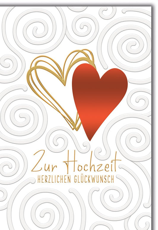 Hochzeitskarte Elegant – Goldene und rote Herzen mit stilvollem Wirbelmuster