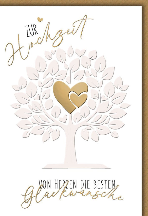 Hochzeitskarte Elegant – Goldenes Herz auf Baum mit filigranem 3D-Design