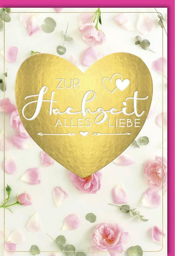 Hochzeitskarte - Elegante Glückwunschkarte mit Rosa/Gold Herzen & Blumen für Verlobung, Jubiläum & Ehefeierlichkeiten