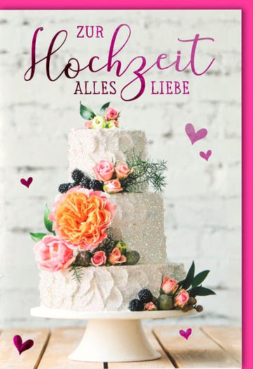 Hochzeitskarte - Elegante Glückwunschkarte zur Eheschließung mit Tortendesign und Blumenherzen
