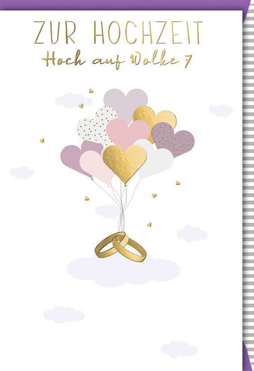 Hochzeitskarte - Elegantes Design mit Eheringen & Herzen, Wolke 7 Motiv, Perfekt für Hochzeitsglückwünsche, Goldfolienprägung, Paar & Luftballons.