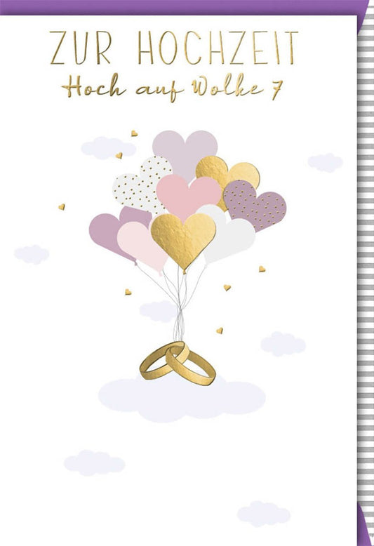 Hochzeitskarte - Elegantes Design mit Eheringen & Herzen, Wolke 7 Motiv, Perfekt für Hochzeitsglückwünsche, Goldfolienprägung, Paar & Luftballons.