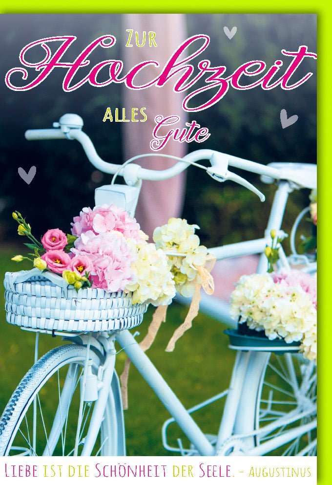 Hochzeitskarte "Fahrtwind der Liebe" - Romantische Grüße mit Augustinus Zitaten, Blumen & Fahrrad für das Brautpaar
