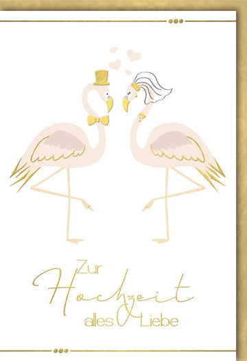 Hochzeitskarte "Flamingo Liebe": Romantische Glückwunschkarte mit Goldakzenten & Brautpaar - Design