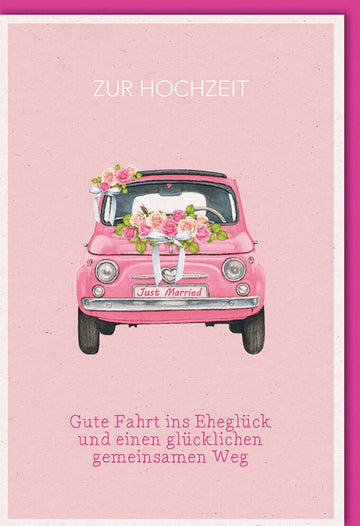 Hochzeitskarte "Frisch Vermählt" - Vintage Auto & Rosé Blumen, Liebevolle Glückwünsche zur Ehe für das Brautpaar & Feierlichkeiten