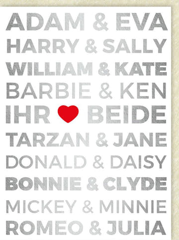 Hochzeitskarte für Paare - Berühmte Duos: Adam & Eva, Harry & Sally, Barbie & Ken, Tarzan & Jane, Bonnie & Clyde, Mickey & Minnie, Romeo & Julia