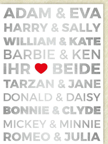 Hochzeitskarte für Paare - Berühmte Duos: Adam & Eva, Harry & Sally, Barbie & Ken, Tarzan & Jane, Bonnie & Clyde, Mickey & Minnie, Romeo & Julia
