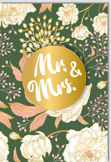 Hochzeitskarte Glückwunsch - Elegantes "Mr & Mrs" Design in Gold mit grüner Blütenapplikation für besondere Anlässe