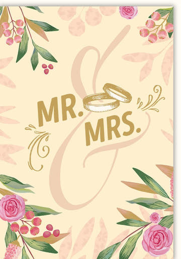 Hochzeitskarte Glückwunsch - Romantische Mr & Mrs Karte mit Eheringen und Blumenmotiv für Verlobung und Hochzeitspaare