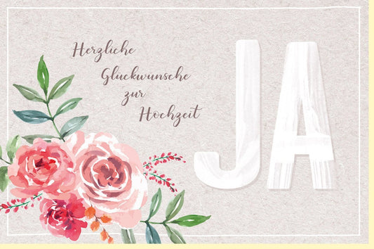 Hochzeitskarte Glückwunsch - Romantisches Rosen - Design in Beige & Rosa für Brautpaare, Familie & Freunde, Blumenmotiv in Grüntönen