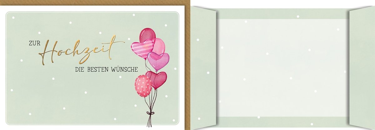Hochzeitskarte Glückwünsche – Herzballons in Rosa mit Goldschrift auf Pastellgrün