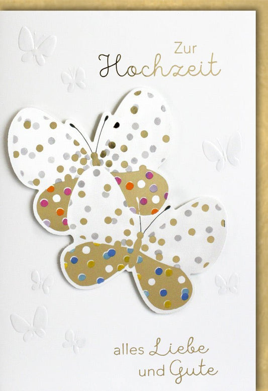 Hochzeitskarte - Goldene Schmetterlinge auf Weiß, Edle Glückwünsche für Paare, Premium - Qualität zur Hochzeitsfeier