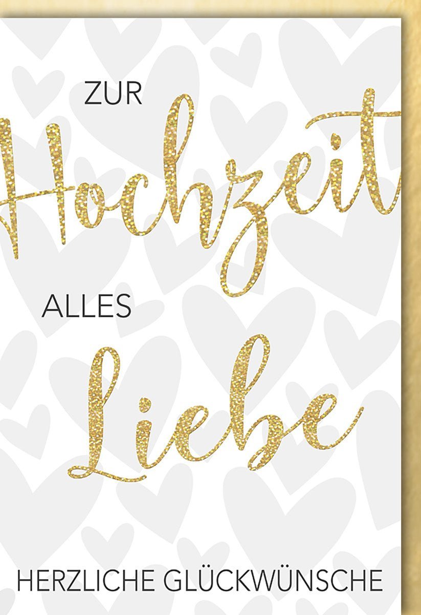 Hochzeitskarte Herzliche Glückwünsche mit goldener Schrift und Herzen zur Hochzeit alles Liebe
