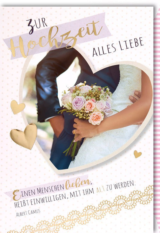 Hochzeitskarte - Herzliche Glückwünsche zur Ehe mit Blumenstrauß & Herzen für das Brautpaar, Glückwunschkarten - Hochzeit