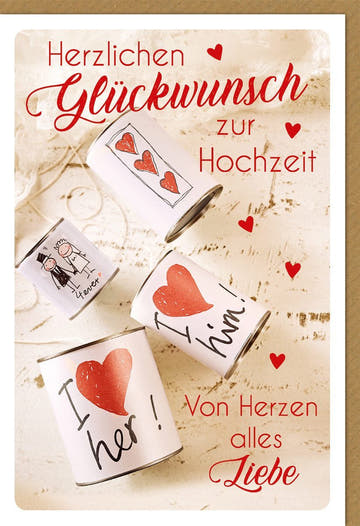 Hochzeitskarte Herzlichen Glückwunsch zur Vermählung mit romantischen Herzen und Dosen in Weiß und Rot