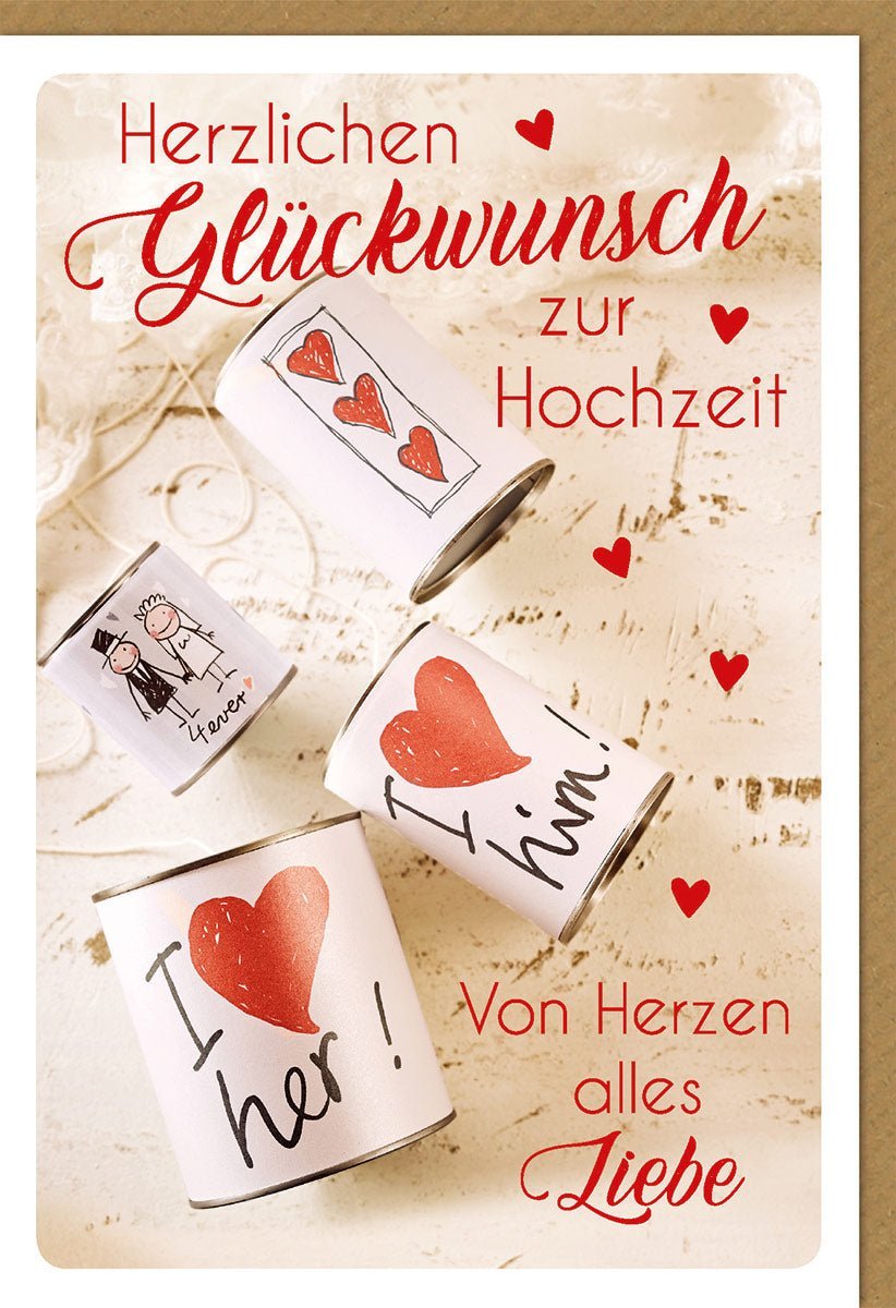 Hochzeitskarte Herzlichen Glückwunsch zur Vermählung mit romantischen Herzen und Dosen in Weiß und Rot