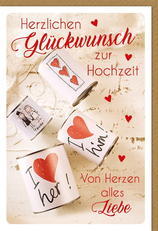 Hochzeitskarte Herzlichen Glückwunsch zur Vermählung mit romantischen Herzen und Dosen in Weiß und Rot