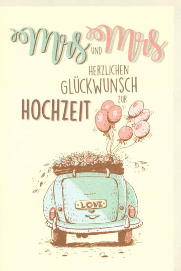 Hochzeitskarte Homoehe - Mrs & Mrs Glückwünsche mit Luftballons und Vintage Auto Motiv