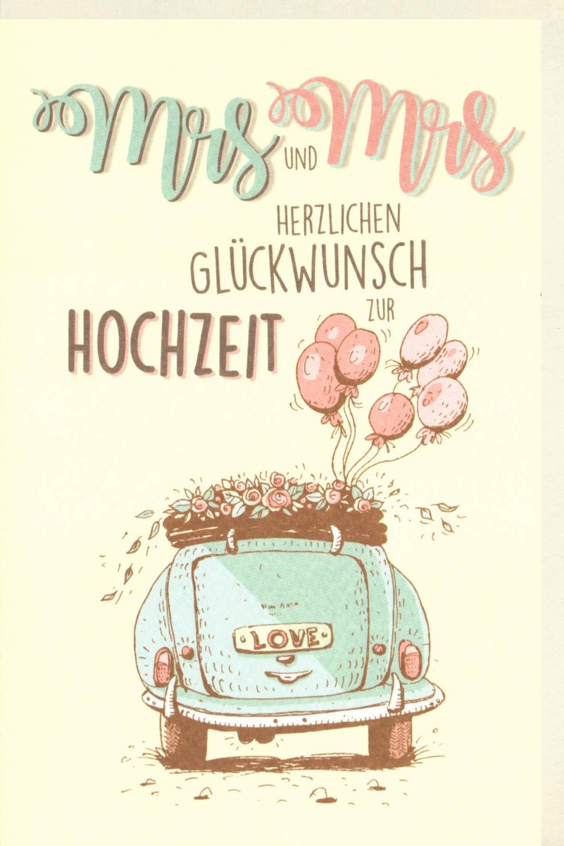 Hochzeitskarte Homoehe - Mrs & Mrs Glückwünsche mit Luftballons und Vintage Auto Motiv