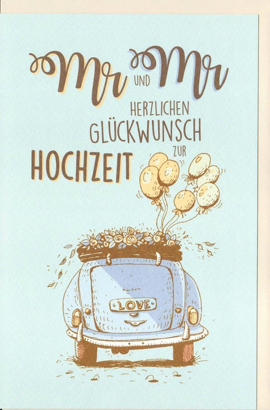 Hochzeitskarte Homoehe: Retro - Design mit Vintage Auto & Luftballons, "Mr & Mr" - Charmante Karte für gleichgeschlechtliche Paare