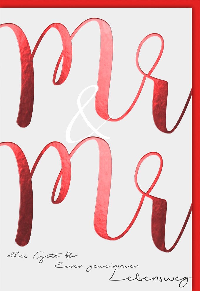 Hochzeitskarte Homoehe stilvolle Doppelkarte Mr und Mr mit roter Schrift und modernem Design für gleichgeschlechtliche Hochzeit