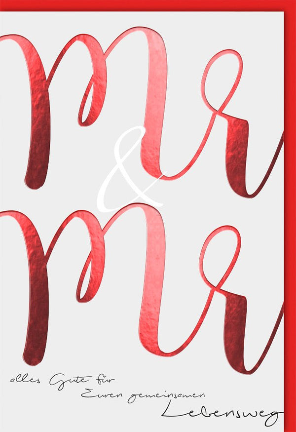 Hochzeitskarte Homoehe stilvolle Doppelkarte Mr und Mr mit roter Schrift und modernem Design für gleichgeschlechtliche Hochzeit