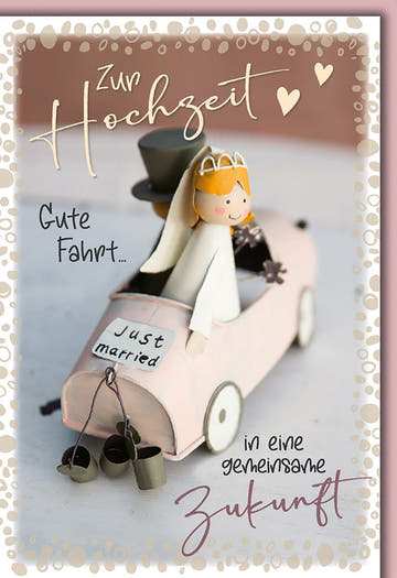 Hochzeitskarte Humorvoll – Brautpaar im Auto mit "Just Married" und verspieltem Design