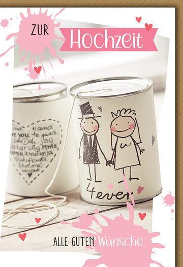 Hochzeitskarte Humorvoll – Dosen - Telefon mit niedlichen Zeichnungen und Herz - Details