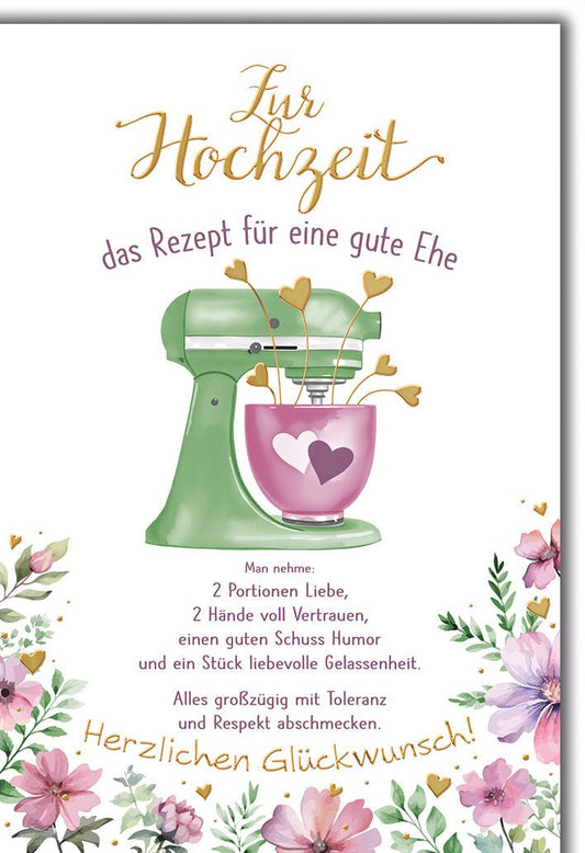 Hochzeitskarte Humorvoll – Grüne Küchenmaschine mit Herzrührern und Blumenmotiv