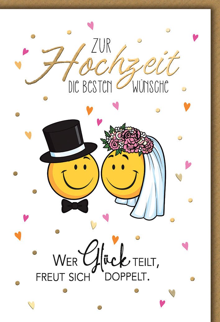 Hochzeitskarte Humorvoll – Smiley - Brautpaar mit Herzkonfetti und Goldakzenten