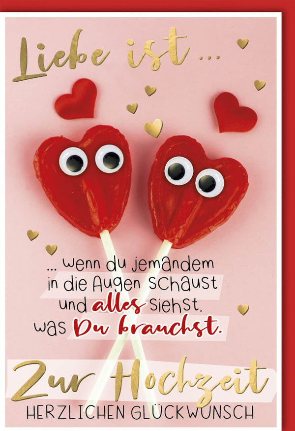 Hochzeitskarte in Rosa & Rot mit Goldfolie - Herz-Design für Verlobung, Jubiläum & Valentinstag - Romantische Glückwunschkarte für Paare