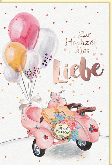 Hochzeitskarte "Just Married" – Romantische Glückwünsche mit Motorrad, Brautpaar & Rosa Luftballons für Verlobung und Frischvermählte