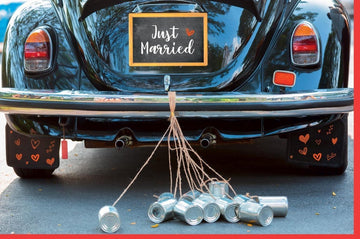 Hochzeitskarte "Just Married" - Vintage Auto & Dosen, Herzliche Glückwünsche im Retro - Stil für das Brautpaar