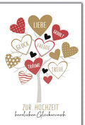 Hochzeitskarte Liebe – Herzbaum mit Wünschen in Rot-Gold und modernem Design