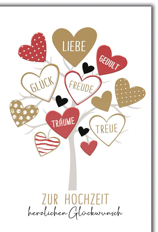 Hochzeitskarte Liebe – Herzbaum mit Wünschen in Rot-Gold und modernem Design