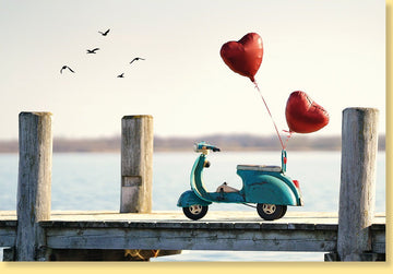 Hochzeitskarte "Liebe im Fahrtwind" - Romantische Glückwunschkarte mit Motorroller & Herzballons, Ideal für Hochzeit oder Jahrestag