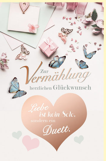 Hochzeitskarte "Liebesduett" - Elegante Glückwunschkarte mit Schmetterlingen und Herz für Verlobung & Ehepaar Feier