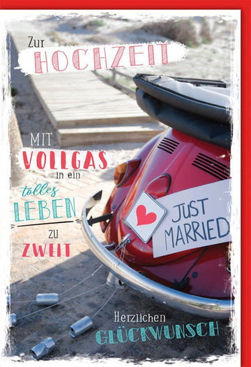 Hochzeitskarte mit Auto - Motiv - "Vollgas ins Leben" Rote Just Married Karte für Brautpaare, Glückwunsch zur Hochzeit