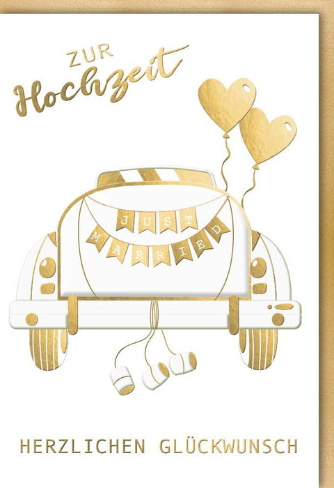 Hochzeitskarte mit Auto und Luftballons, Just Married in Gold & Weiß – Herzlichen Glückwunsch für die Brautpaare