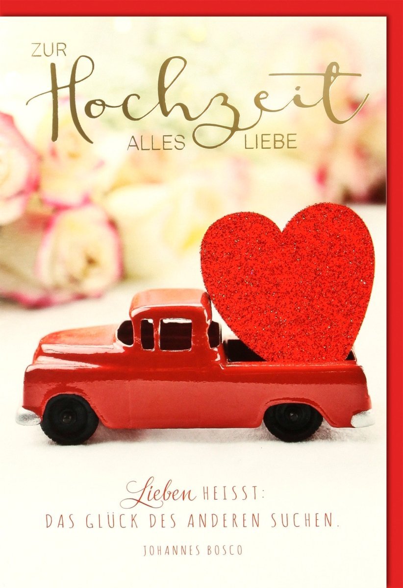 Hochzeitskarte mit Glitzerherz & Oldtimer - Romantische Vintage Karte für Paare, Retro Blumen & Herz Design zur Feier der Ehe.